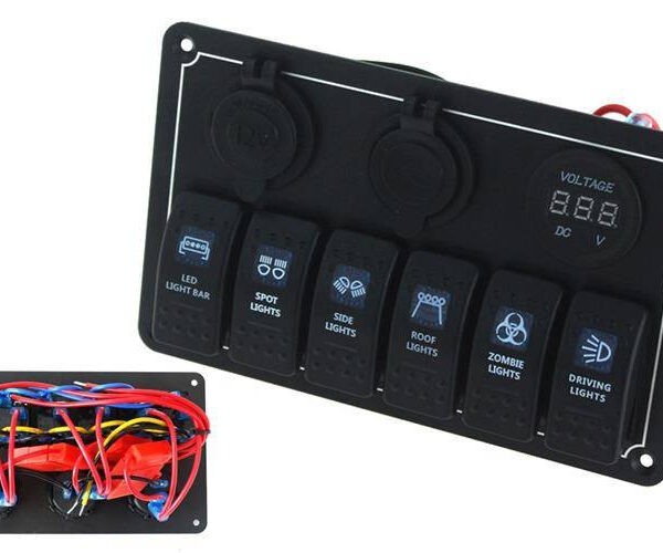 Przełącznik 12/24V ON-OFFx6, 1xZ, 2xUSB 3.1A , 1 LED volt, 3xB 15A IP68 Niebieski